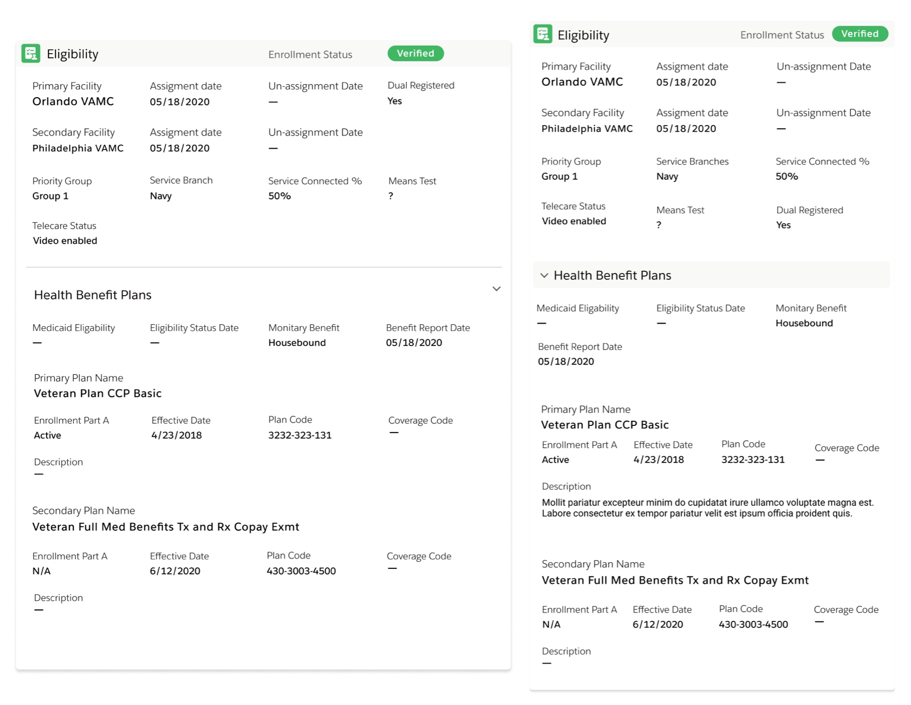 Two versions of the Eligibility panel side by side. The left uses four narrow columns. The right uses three columns with more room for each field.