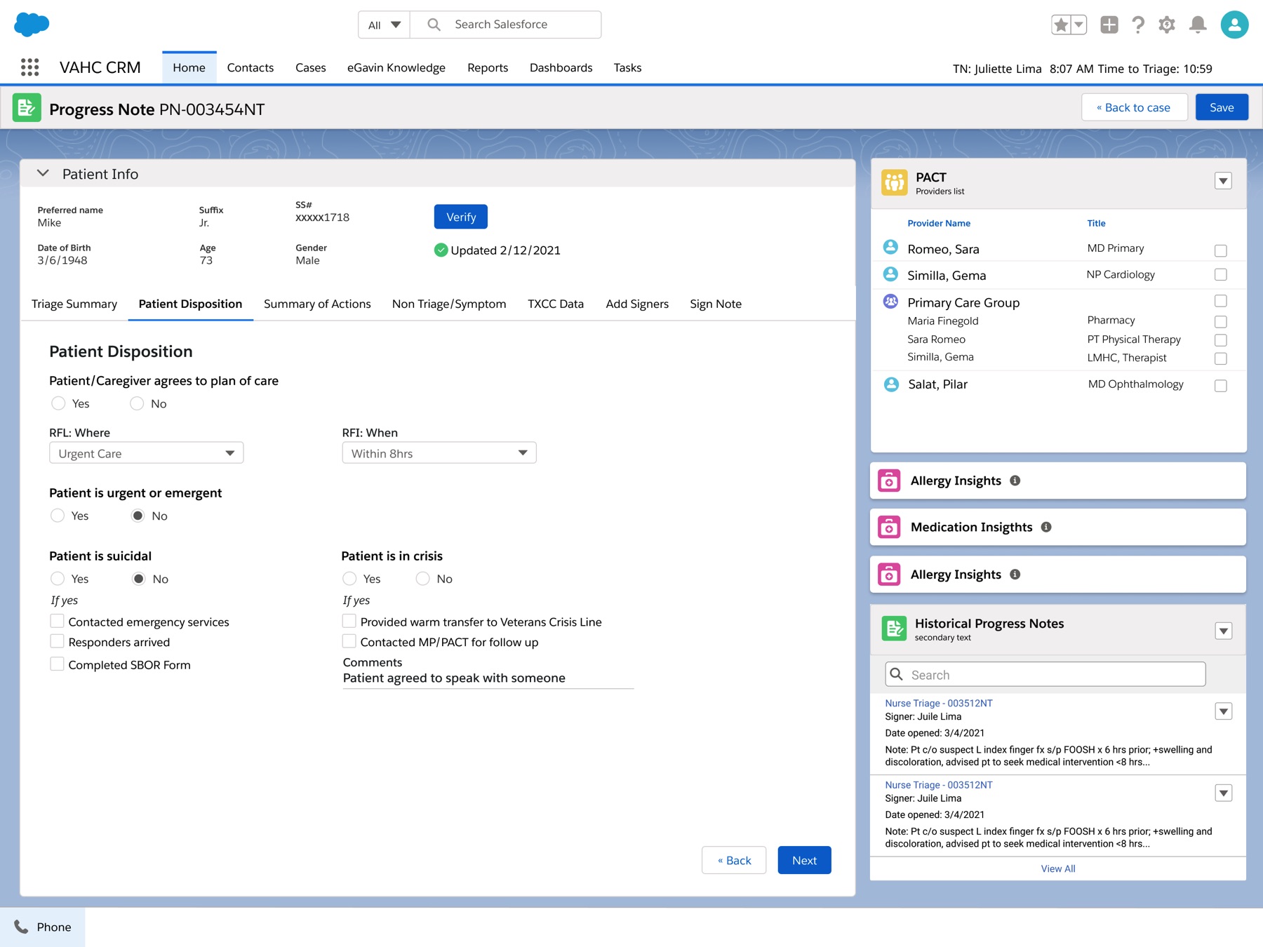 High-fidelity Salesforce screen for a triage nurse's progress note, on the Patient Disposition step, with the veteran's care team and past progress notes in a sidebar.