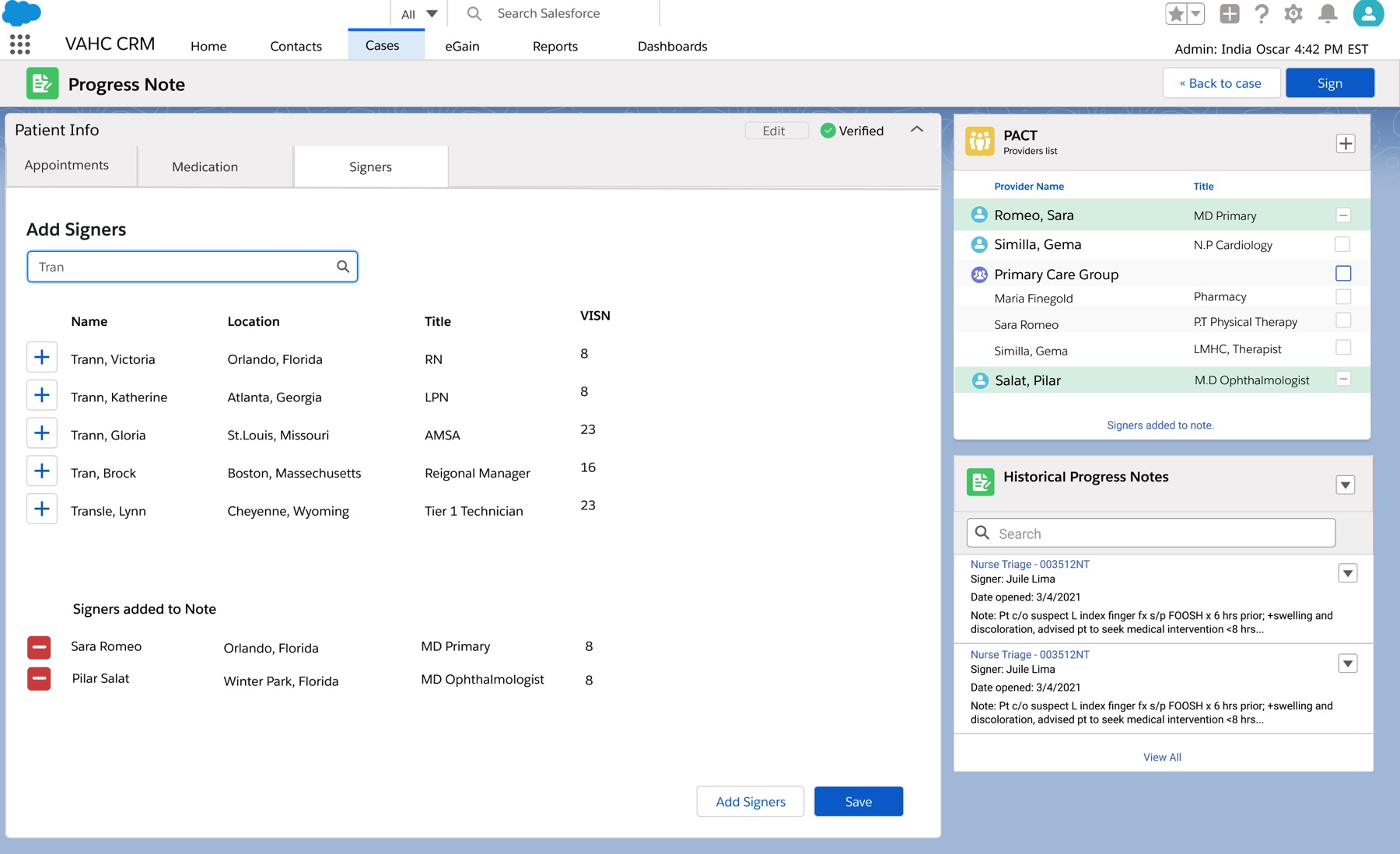 High-fidelity Salesforce screen for adding signers to a progress note. A search for staff by name returns results with location, title, and regional network. Two doctors are listed as added to the note. On the right, the veteran's care team list and earlier progress notes.