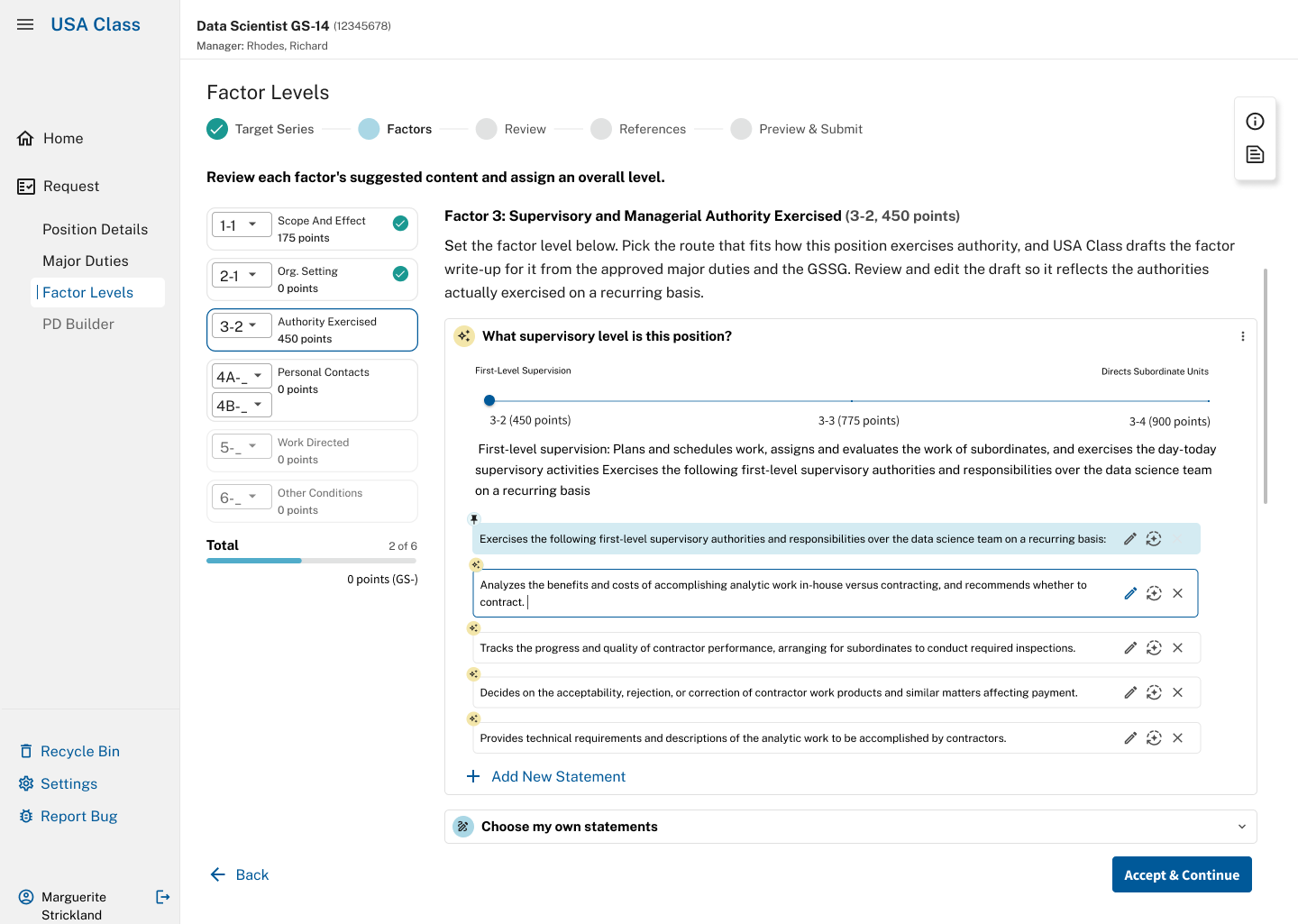 Factor 3 with the level set at 3-2. Below the slider, five AI-drafted statements, each with buttons to edit, regenerate, or remove it, and an Add New Statement link below the list.