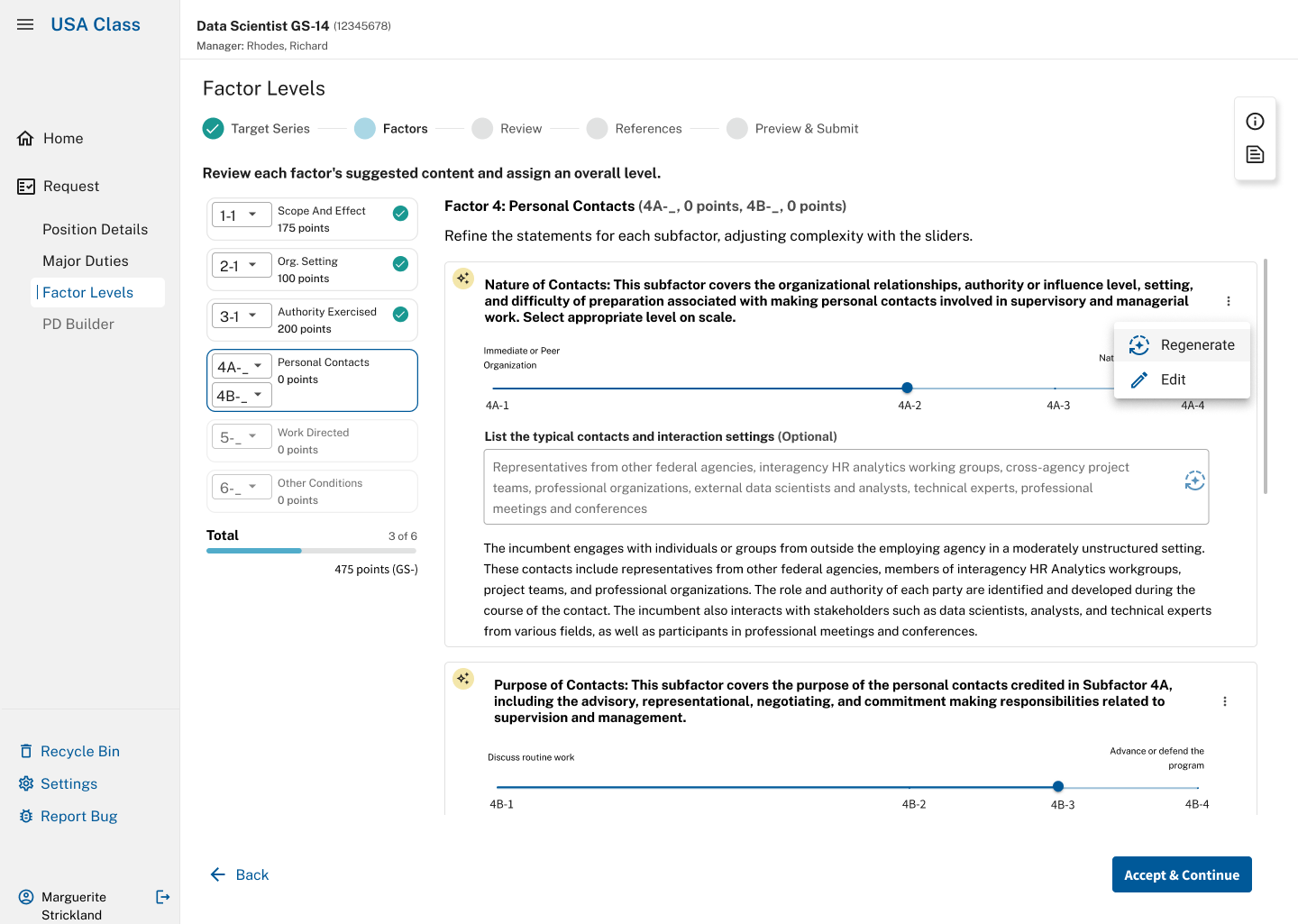 Factor 4, Personal Contacts. An optional field lists typical contacts to guide the draft, and a menu on the subfactor offers Regenerate and Edit.