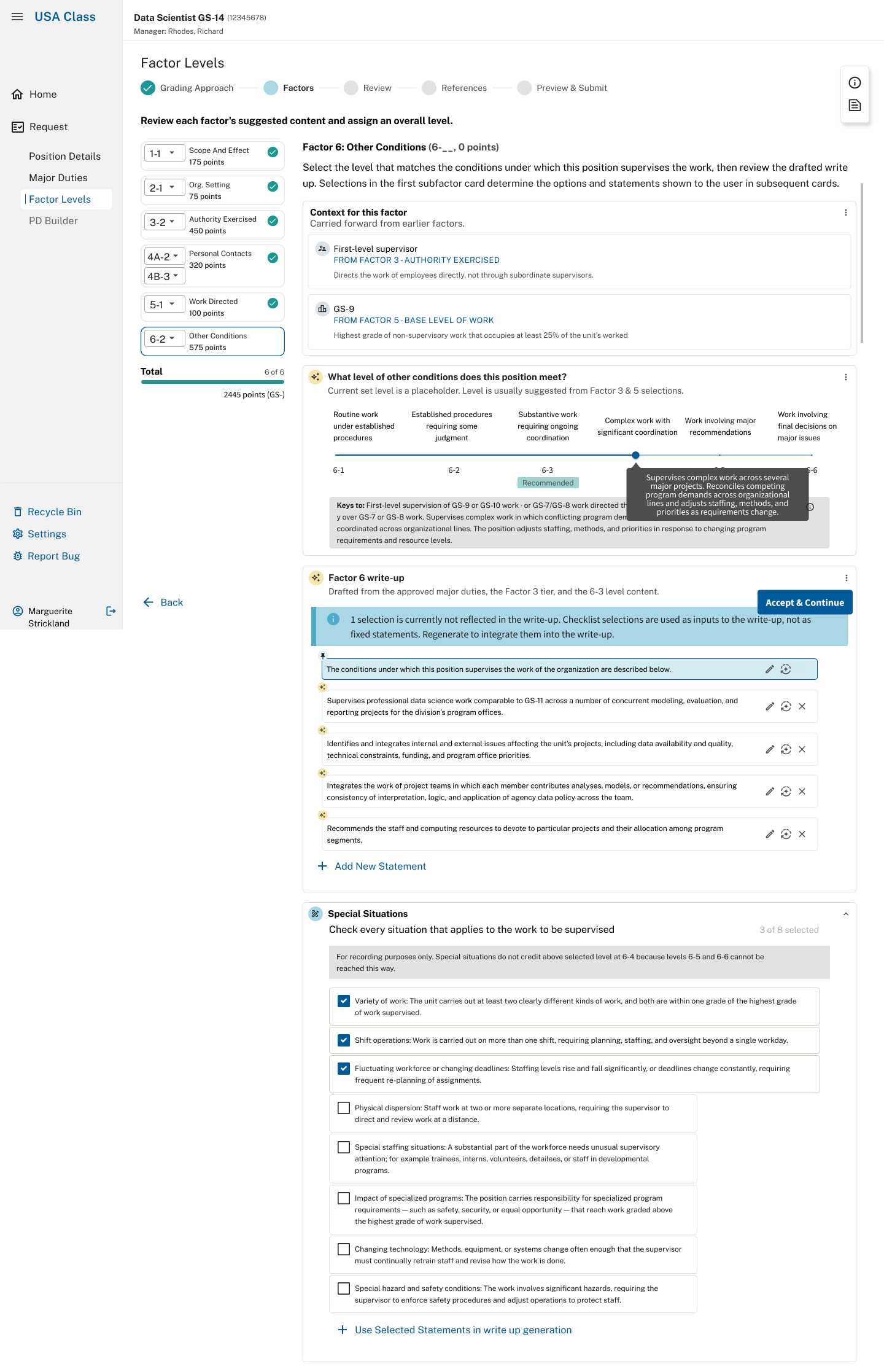 Factor 6 with a level set. The extra level appears as a flagged credit beside the classifier's own selection, and the point total reflects it.