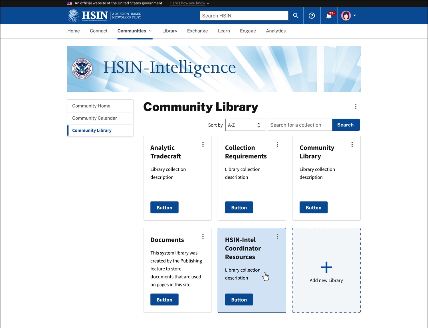 A community library page showing five separate libraries as cards, such as Analytic Tradecraft and Collection Requirements, plus a card for adding a new library.