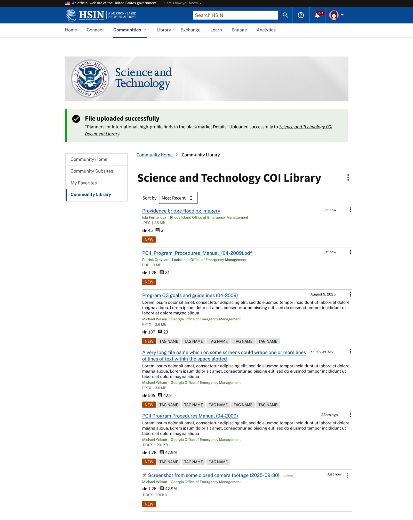 A community document library in the redesigned HSIN. A green banner confirms an upload. Below it, documents are listed newest first, each with the poster's name and agency, file type and size, a NEW marker, and tags. One file shows a lock icon.