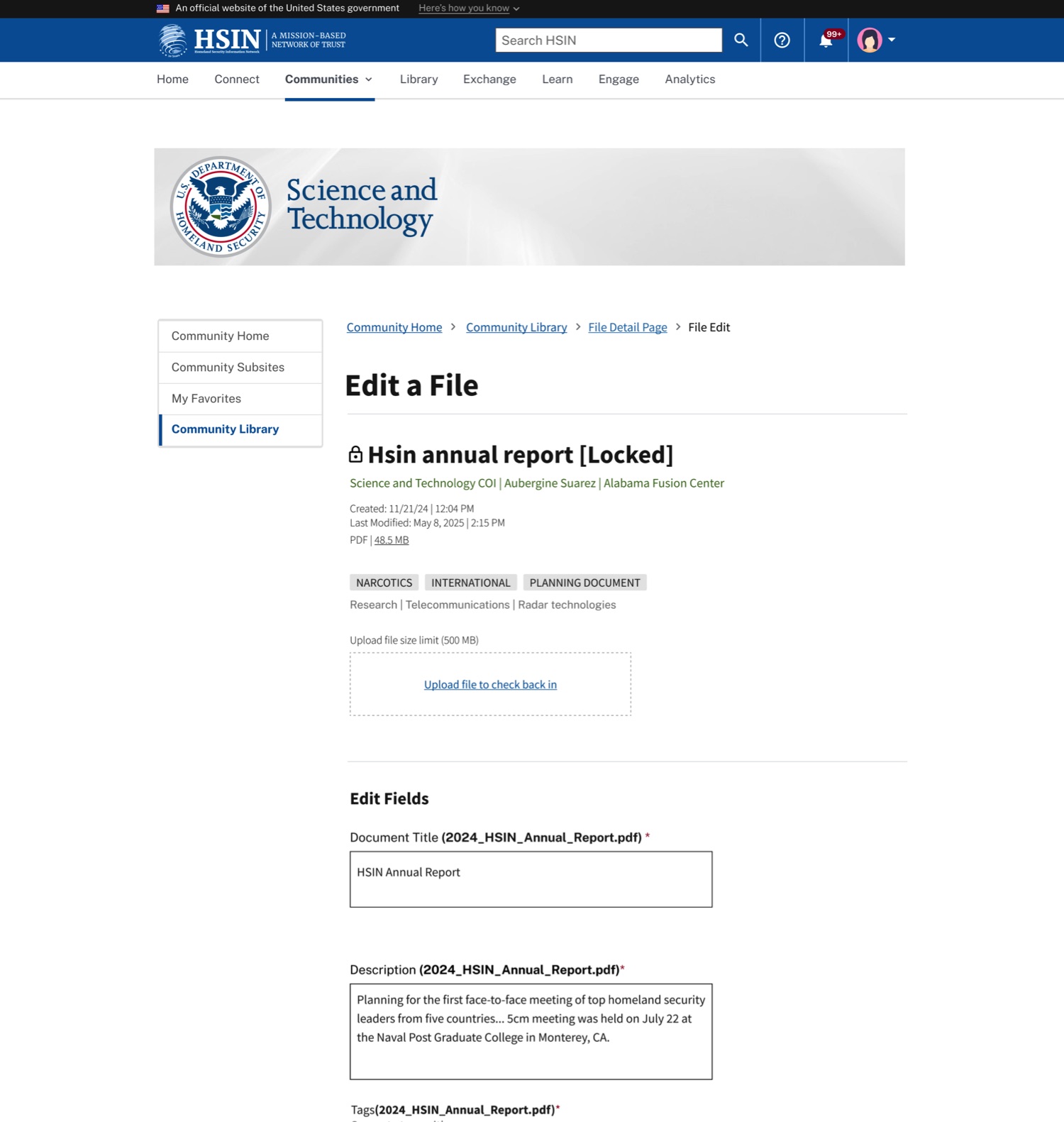 The Edit a File page for a locked document. The title carries a lock icon and the word Locked, with a link to upload a file to check it back in, and fields for title, description and tags.