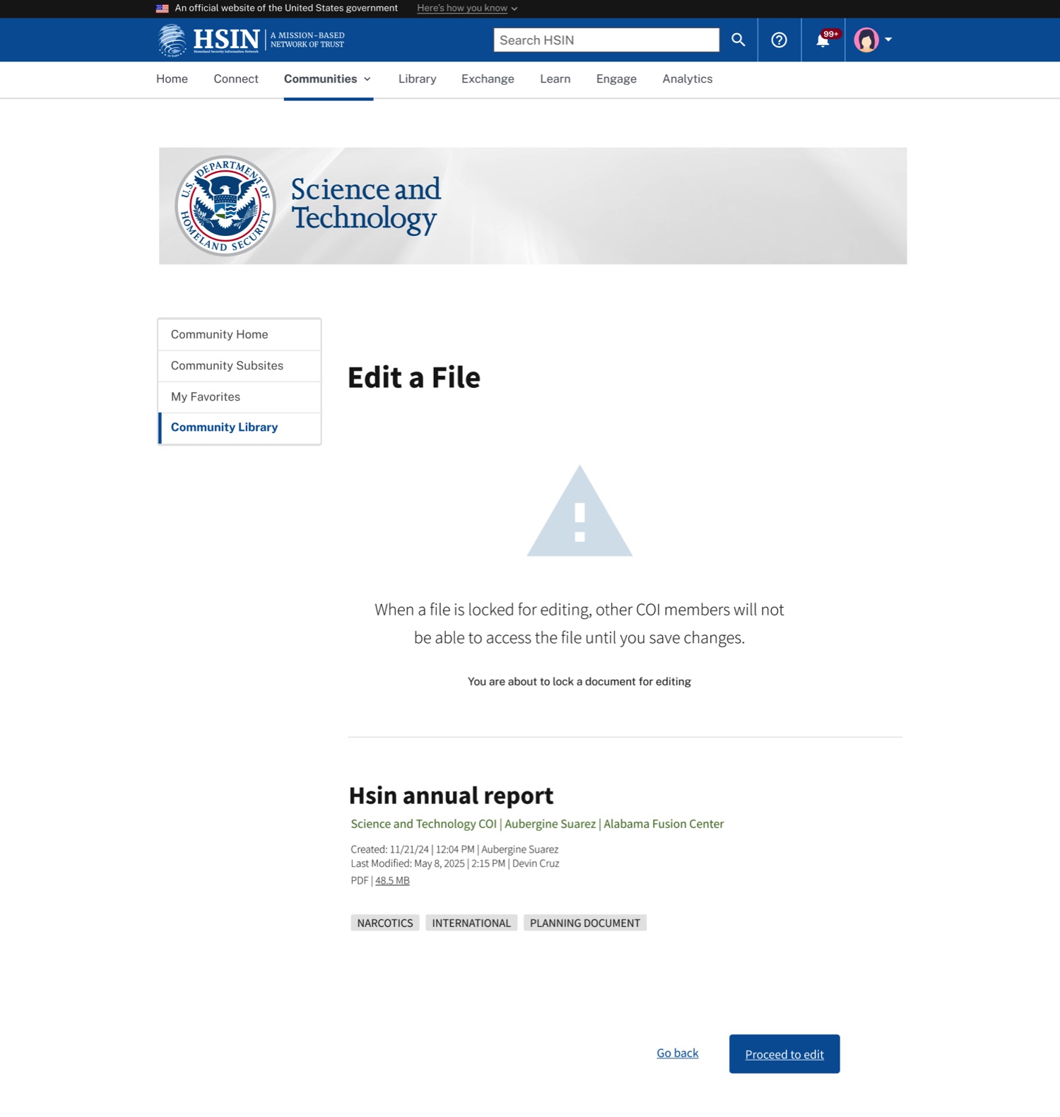 A page titled Edit a File with a warning: When a file is locked for editing, other COI members will not be able to access the file until you save changes. Buttons offer Go back or Proceed to edit.