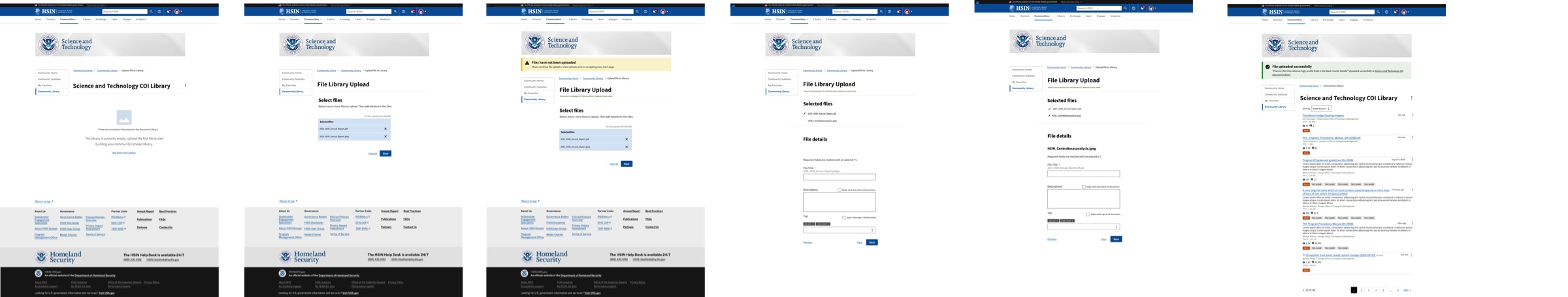 Six screens side by side showing the upload flow: an empty library, selecting files, a warning that files have not been uploaded, entering details and tags for each file, and the library with a success message.