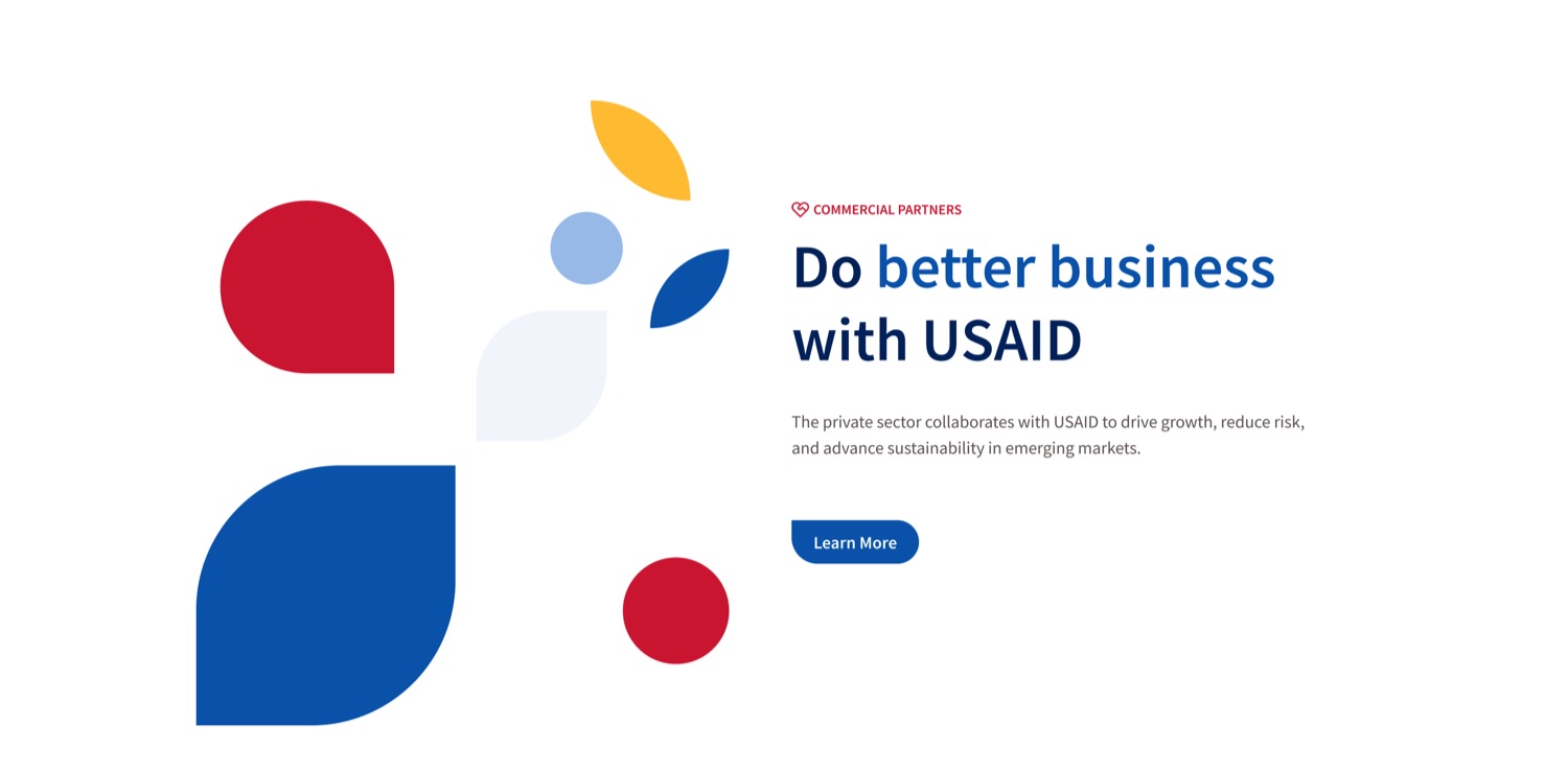 Version A of the pitch: the headline Do better business with USAID, one sentence of supporting text, and a Learn More button.