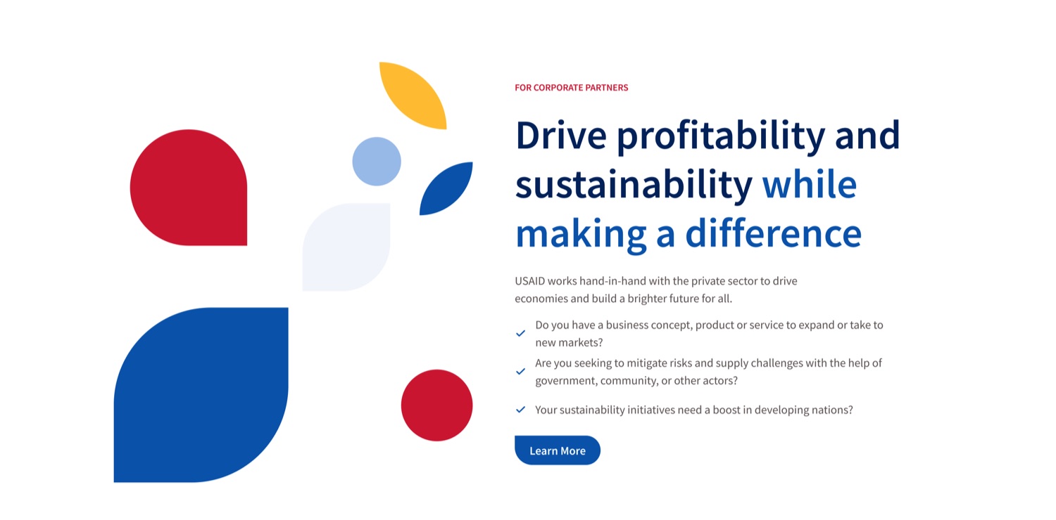 Version B of the pitch: the headline Drive profitability and sustainability while making a difference, followed by three checklist questions and a Learn More button.