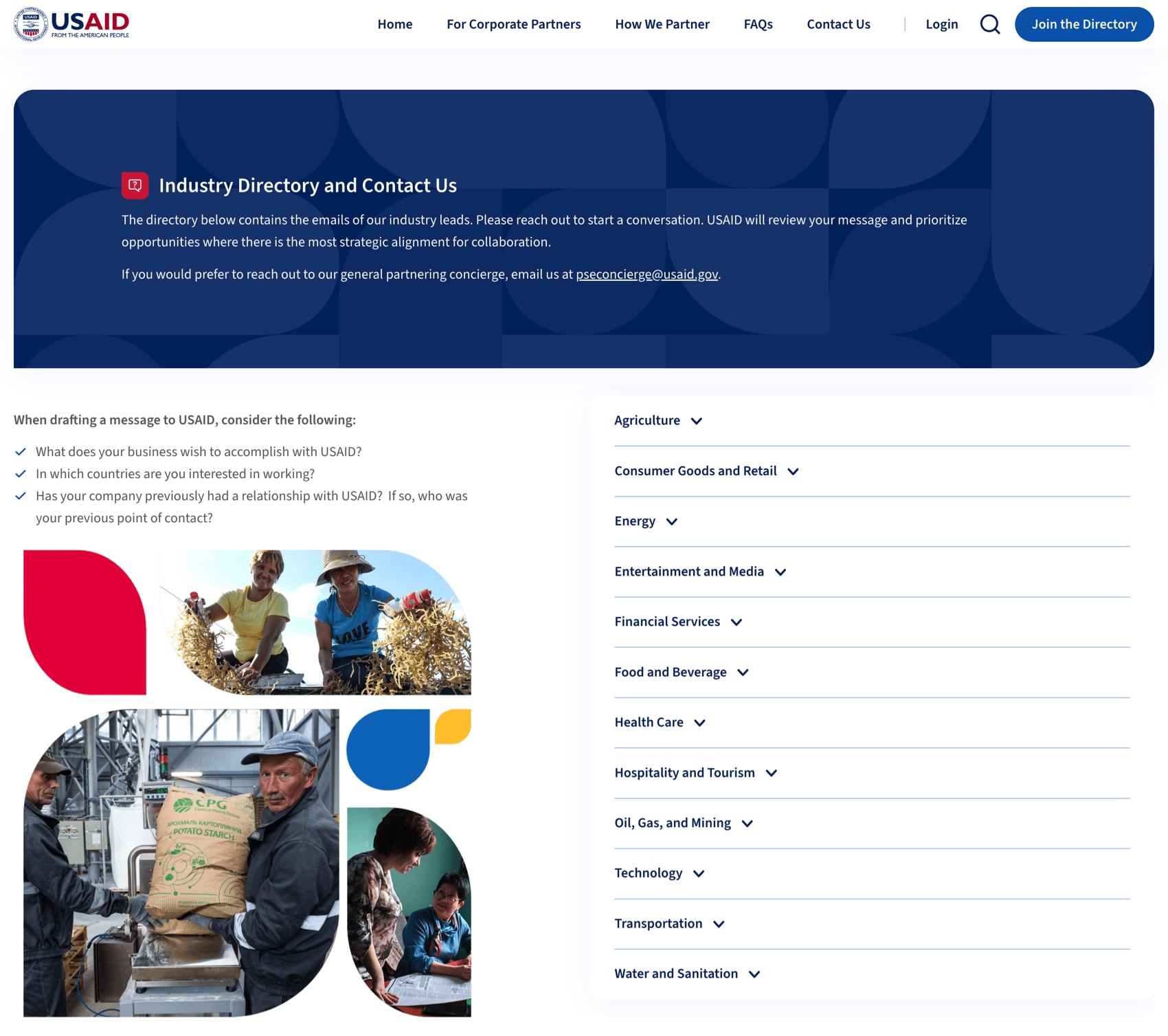 The portal's contact page. On the left, three prompts under the heading When drafting a message to USAID, consider the following. On the right, a list of twelve industries, each expanding to show a contact.