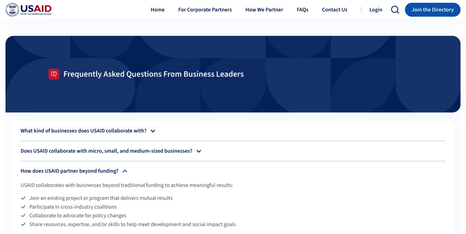 The live FAQ page, titled Frequently Asked Questions From Business Leaders. The question How does USAID partner beyond funding? is open, listing four ways to collaborate, such as joining an existing program or sharing expertise.