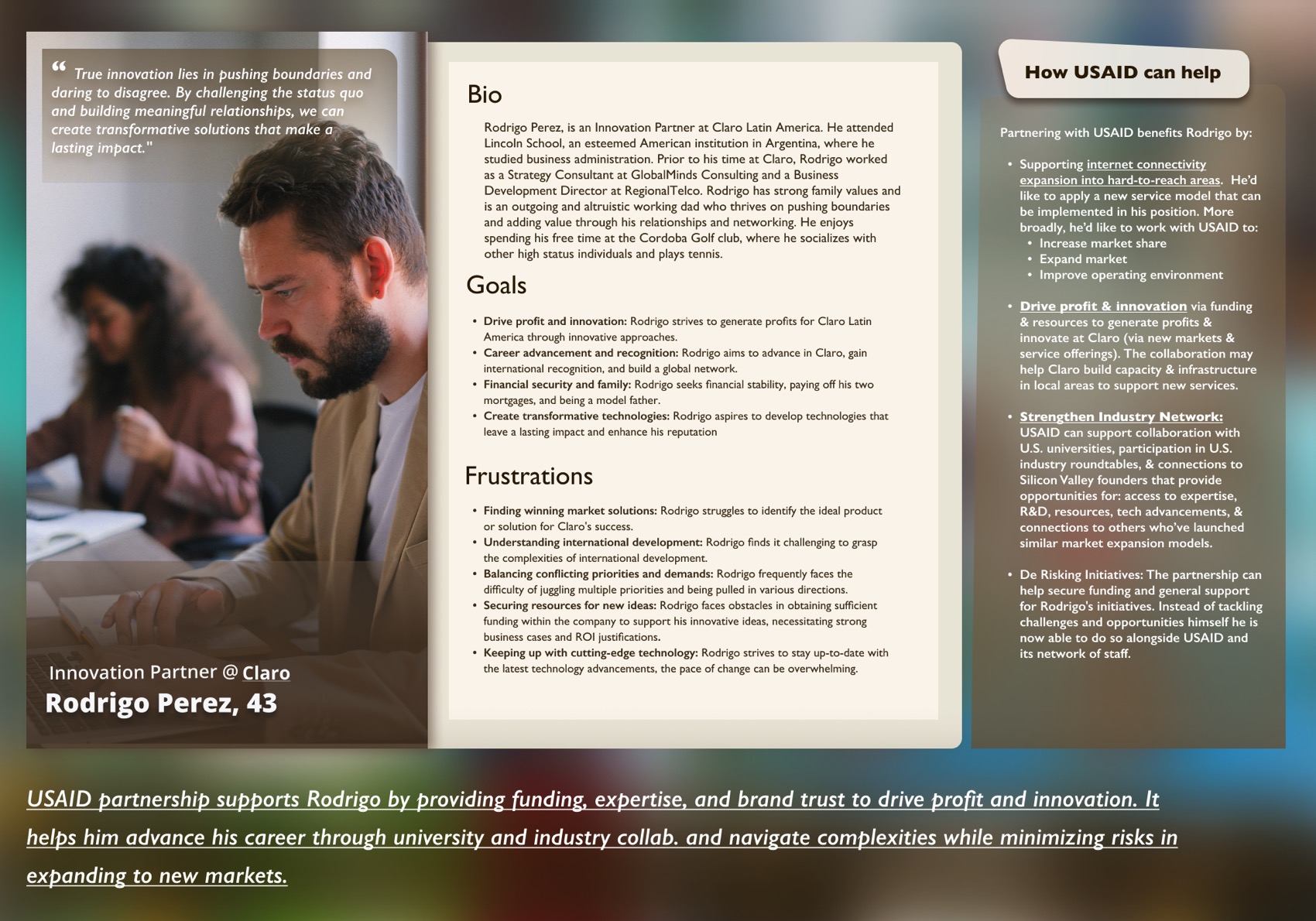 Persona card for Rodrigo Perez, 43, an innovation partner at a Latin American telecom, with his bio, goals, frustrations, and a panel describing how a USAID partnership could help him.