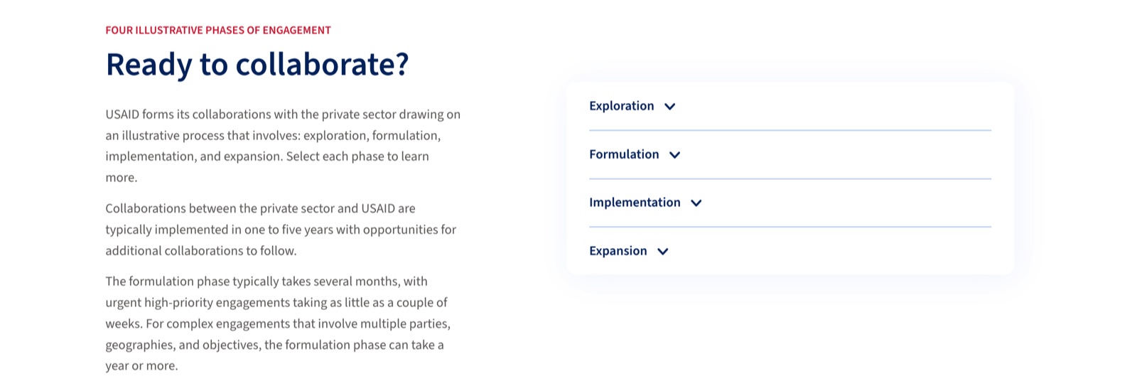 The How We Partner page. Under the heading Ready to collaborate?, a short explanation of how partnerships take shape, next to four phases: Exploration, Formulation, Implementation, and Expansion.