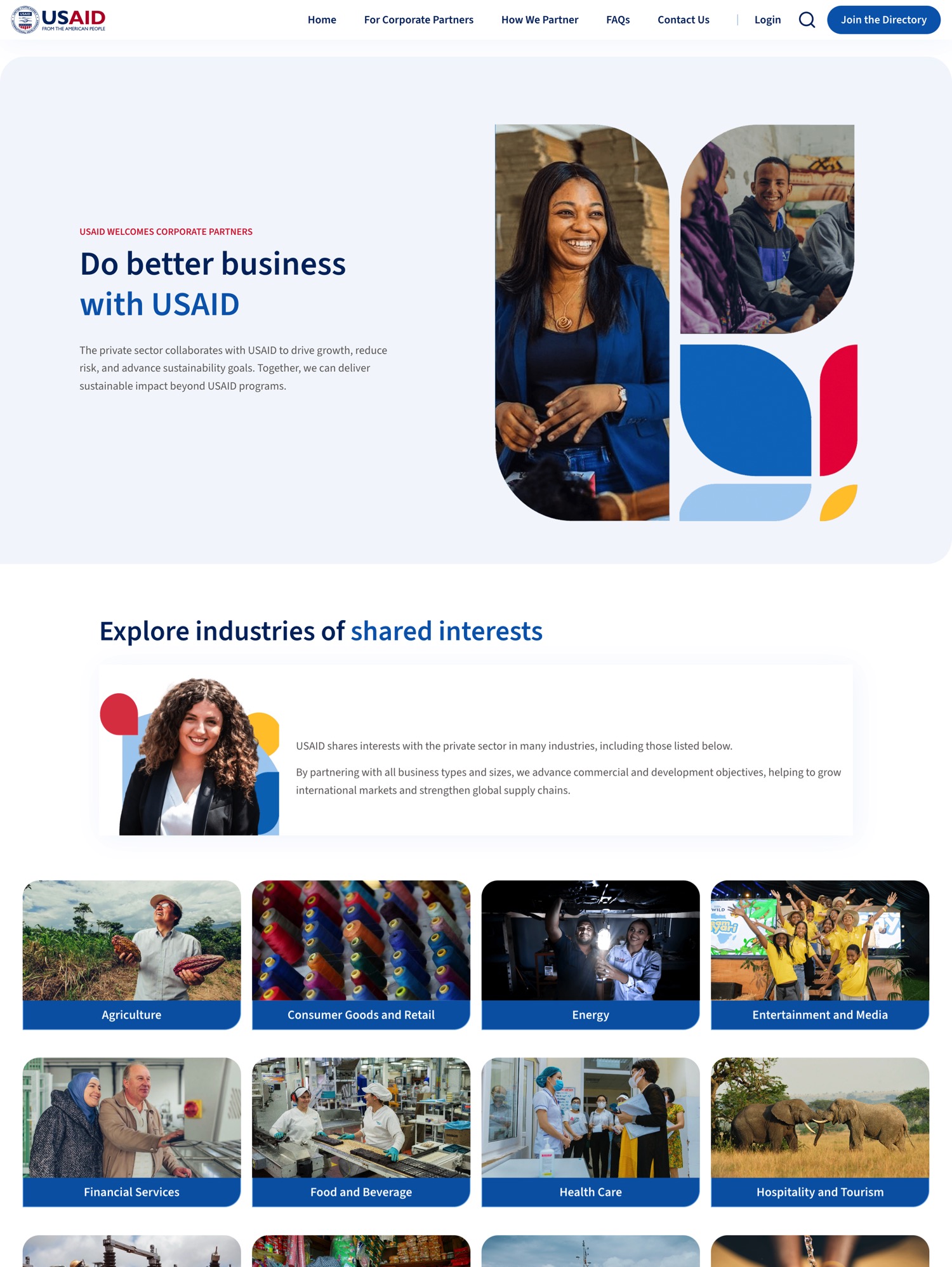 The Corporate Partnering Portal home page. A headline reading Do better business with USAID, followed by a grid of twelve industries including agriculture, energy, financial services, health care, and technology.
