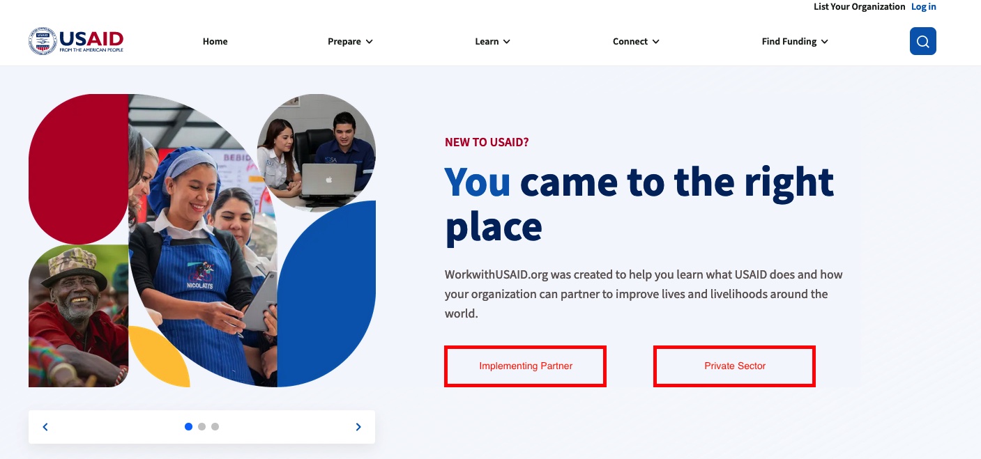 A mockup of the parent site's home page with two buttons marked in red under the headline: Implementing Partner and Private Sector.
