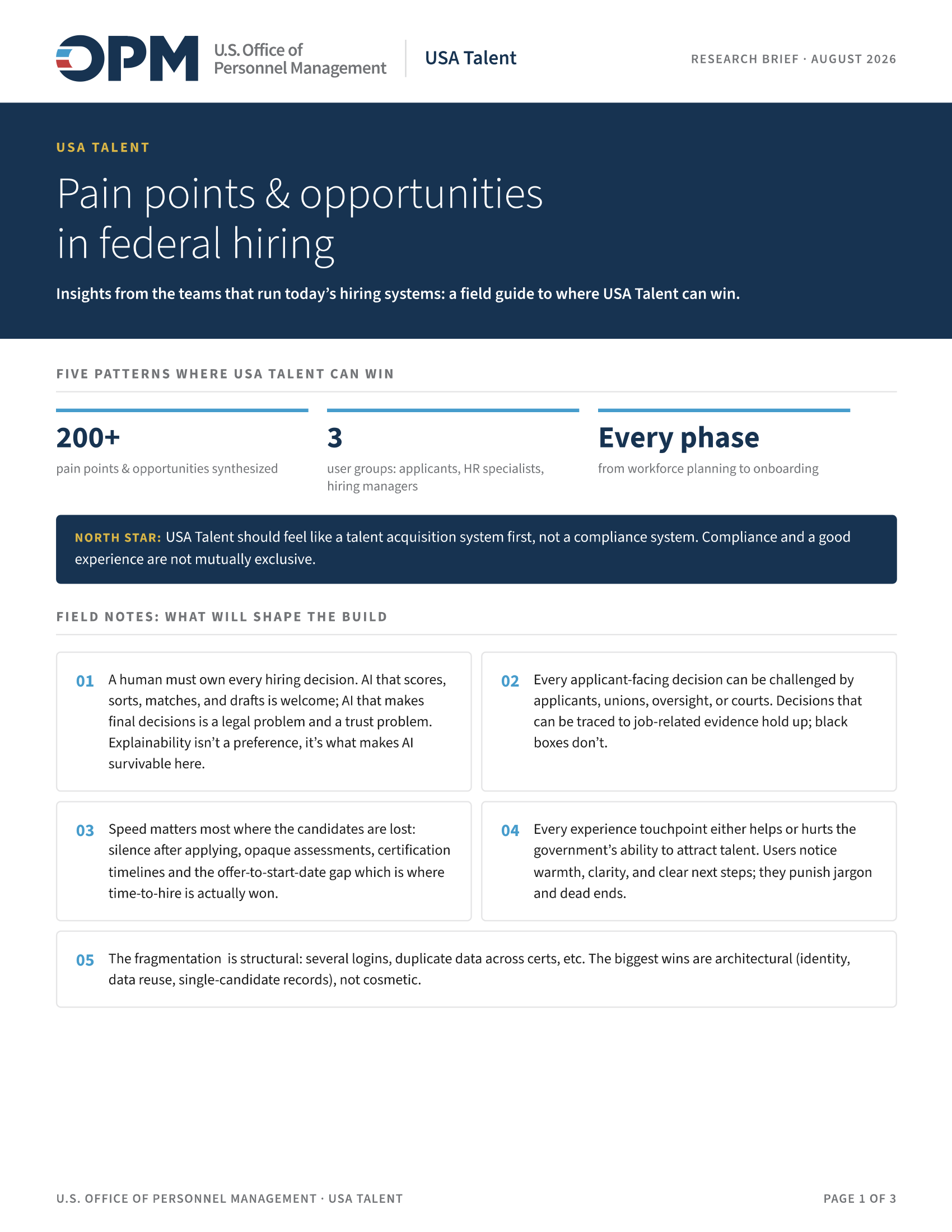 Page one of the research brief: five patterns where the platform can win, and the north star.